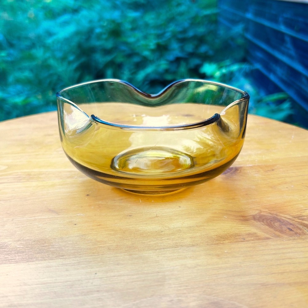 Vintage Amber Glass Bowl Small Honey Yellow Ruffled Fluted MCM Art Glass MCM